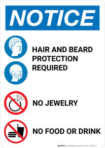 Notice: Hair and Beard Protection Required No Jewelry Food Drink Portrait - Wall Sign