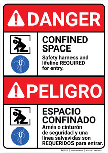 Danger: Confined Space Safety Harness Lifine Required Bilingual Spanish - Wall Sign