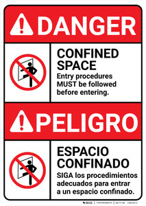 Danger: Confined Space Procedures must be Followed Bilingual Spanish - Wall Sign