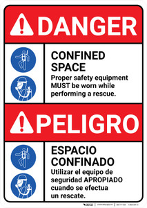 Danger: Confined Space Safety Equipment Must be Worn Bilingual Spanish - Wall Sign Danger: Confined Space Safety Equipment Must be Worn Bilingual Spanish - Wall Sign