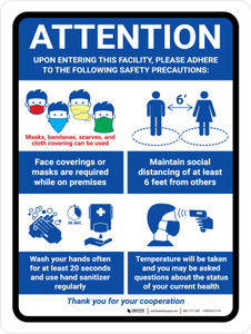 Attention: Upon Entering This Facility Please Adhere to Safety Precautions Portrait - Wall Sign