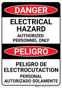 Danger: Electrical Hazard Authorized Only Bilingual Spanish - Wall Sign