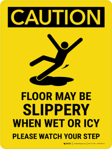 Caution: Floor May Be Slippery When Wet or Icy Please Portrait - Wall Sign