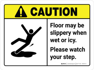 Caution: ANSI Floor May Be Slippery When Wet or Icy Please Landscape - Wall Sign