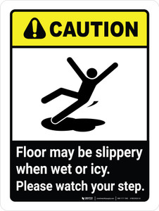 Caution: ANSI Floor May Be Slippery When Wet or Icy Please Portrait - Wall Sign