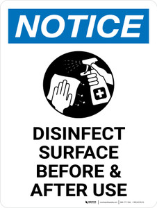 Notice: Disinfect Surface Before and After Use Portrait - Wall Sign