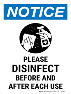 Notice: Please Disinfect Before And After Each Use Portrait - Wall Sign