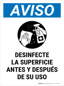 Notice: Disinfect Surface Before and After Use Spanish Portrait - Wall Sign