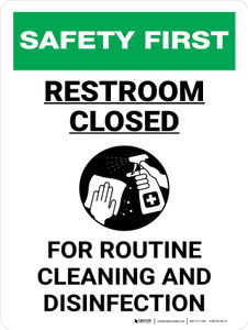 Safety First: Restroom Closed For Routine Cleaning Portrait - Wall Sign