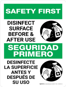 Safety First: Disinfect Surface Before and After Use Bilingual Spanish Portrait - Wall Sign