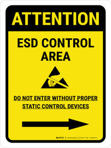 Attention: ESD Control Area Right Arrow Portrait - Wall Sign
