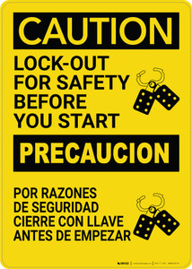 Caution: Lockout For Safety Before You Start Bilingual Spanish - Wall Sign