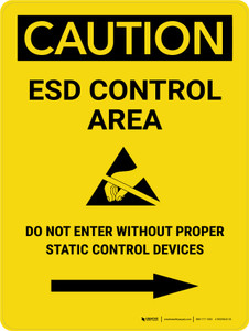 Caution: ESD Control Area Right Arrow Portrait - Wall Sign