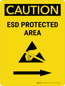 Caution: ESD Protected Area Right Arrow Portrait - Wall Sign