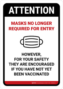 Masks No Longer Required For Entry Portrait - Wall Sign