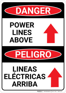 Danger: Power Lines Above Arrow Up Bilingual Spanish - Wall Sign