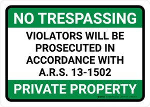 No Trespassing: Private Property Arizona GREEN Landscape - Wall Sign