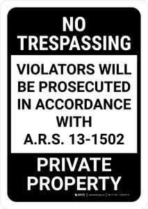 No Trespassing: Private Property Arizona BLACK Portrait - Wall Sign