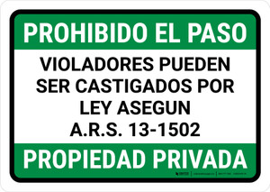No Trespassing: Private Property Arizona GREEN Spanish Landscape - Wall Sign