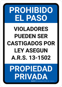 No Trespassing: Private Property Arizona BLUE Spanish Portrait - Wall Sign