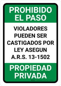 No Trespassing: Private Property Arizona GREEN Spanish Portrait - Wall Sign