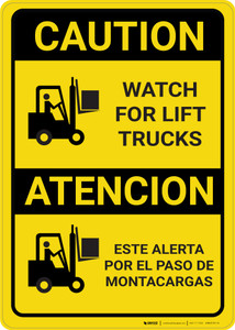 Caution: Watch for Lift Trucks Bilingual Spanish - Wall Sign