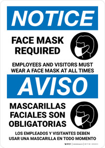 Notice: Face Mask Required At All Times Spanish Bilingual Portrait - Wall Sign