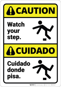 Caution: Watch Your Step With Graphic Bilingual Spanish - Wall Sign