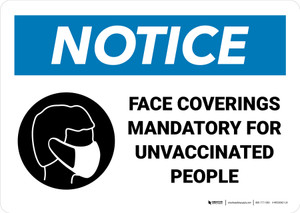 Notice: Face Coverings Mandatory For Unvaccinated People Landscape - Wall Sign