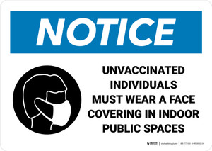 Notice: Unvaccinated Individuals Must Wear a Face Covering in Indoor Public Spaces Landscape - Wall Sign