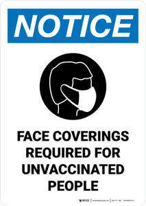 Notice: Face Coverings Required For Unvaccinated People Portrait - Wall Sign