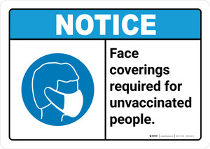 Notice: Face Coverings Required Unvaccinated People ANSI Landscape - Wall Sign