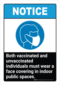 Notice: Both Vaccinated & Unvaccinated Individuals Must Wear a Face Covering in Indoor Public Spaces ANSI Portrait - Wall Sign