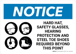 Notice: Hard Hat, Safety Glasses, Hearing Protection, & Steel Toe Shoes Beyond with Icons Landscape - Wall Sign