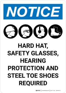 Notice: Hard Hat, Safety Lgasses, Hearing Protection, & Steel Toe Shoes Required with Icon Portrait - Wall Sign