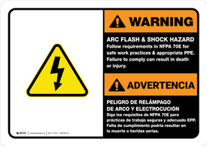 Warning: Arc Flash & Shock Hazard - Follow Requirements in NFPA 70E Bilingual Spanish Landscape - Wall Sign