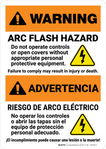 Warning: Arc Flash Hazard - Do Not Operate Controls Without PPE Bilingual Spanish Portrait - Wall Sign