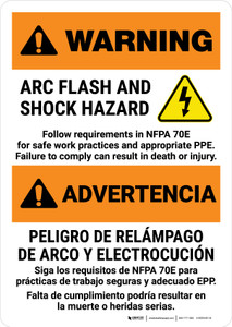 Warning: Arc Flash & Shock Hazard - Follow Requirements in NFPA 70E Bilingual Spanish Portrait - Wall Sign