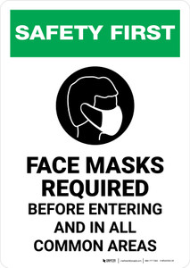 Safety First: Face Masks Required Before Entering and In All Common Areas with Icon Portrait - Wall Sign