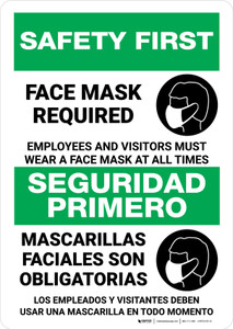 Safety First: Face Mask Required At All Times Bilingual Spanish Portrait - Wall Sign