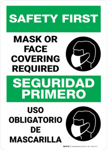 Safety First: Mask Or Face Covering Required Bilingual Spanish Portrait - Wall Sign