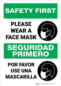 Safety First: Please Wear A Face Mask Bilingual Spanish Portrait - Wall Sign