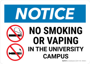 Notice: No Smoking Or Vaping In The University Campus with Icons Landscape - Wall Sign