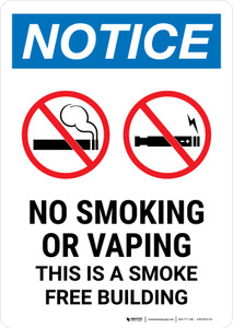 Notice: No Smoking Or Vaping - This Is A Smoke Free Building with Icons Portrait - Wall Sign