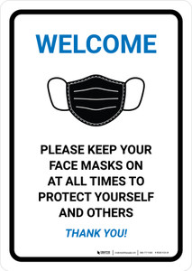 Welcome Please Keep Your Face Masks On At All Times Portrait - Wall Sign
