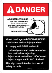 Danger: Wheel Breakage Bench Grinder Guidelines ANSI with Diagram Portrait - Wall Sign
