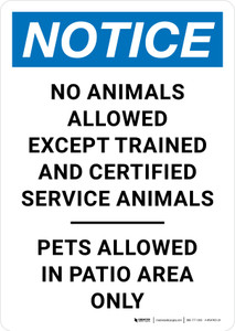 Notice: No Animals Allowed Except Trained Service Animals - Pets Allowed in Patio Area Portrait - Wall Sign Notice: No Animals Allowed Except Trained Service Animals - Pets Allowed in Patio Area Portrait - Wall Sign