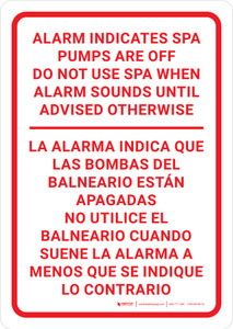Alarm Indicates Spa Pumps Are Off Bilingual Spanish Portrait - Wall Sign