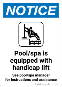 Notice: Pool/Spa Is Equipped With Handicap Lift Portrait - Wall Sign