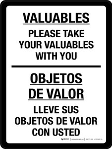 Please Take Your Valuables With You Bilingual Spanish Portrait - Wall Sign